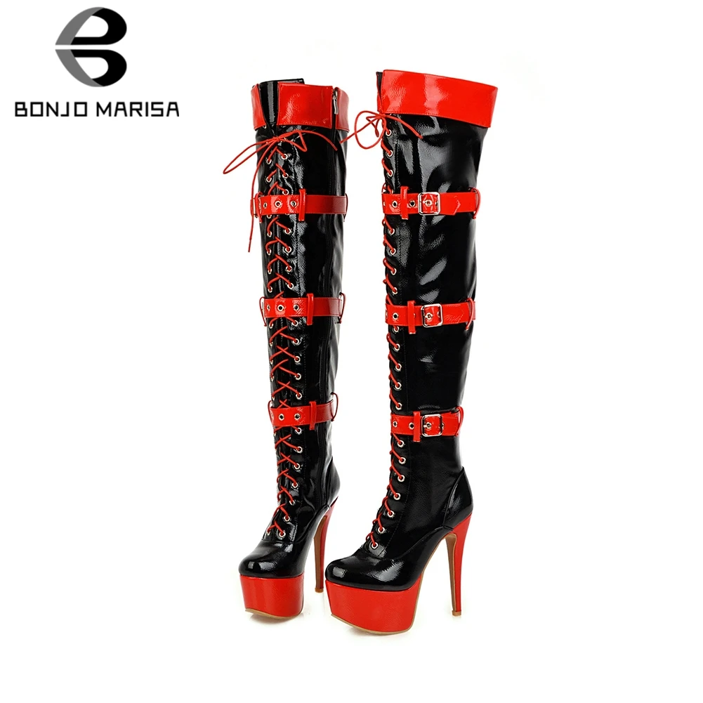 BONJOMARISA/Новые сапоги до бедра на платформе, Размеры 33-48 г. Женские зимние модные ботфорты на платформе женская обувь на высоком каблуке