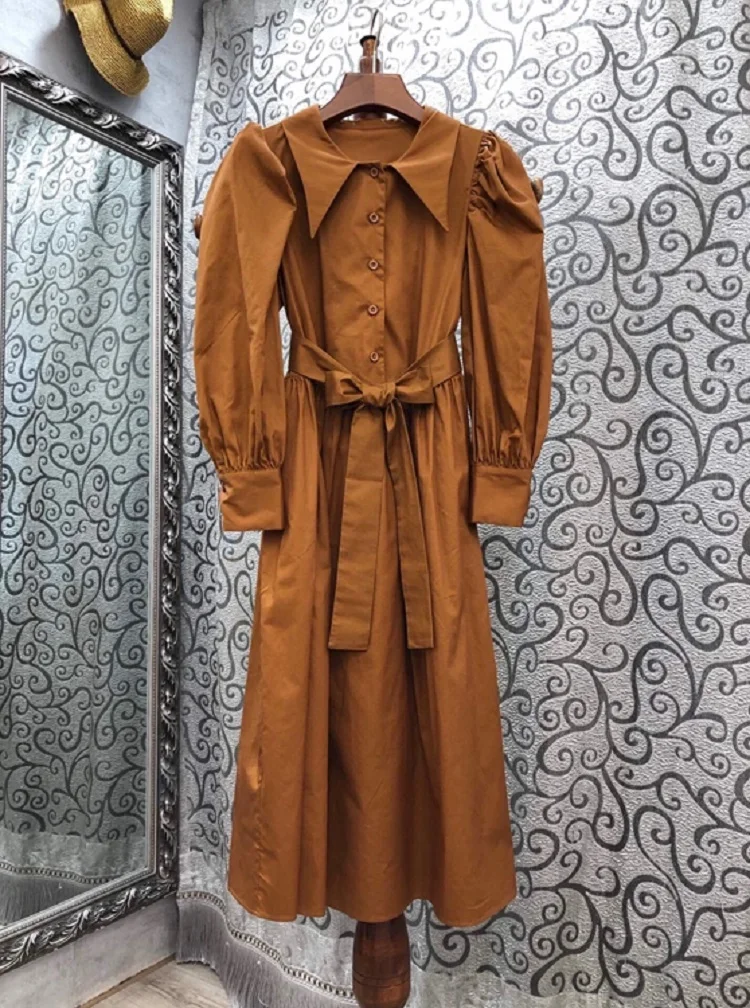 

100%Cotton Dress 2020 Fall Women Turn-down Collar Bow Belt Patchwork Full Sleeve Long Shirt Style Dress White Dark Blue Brown