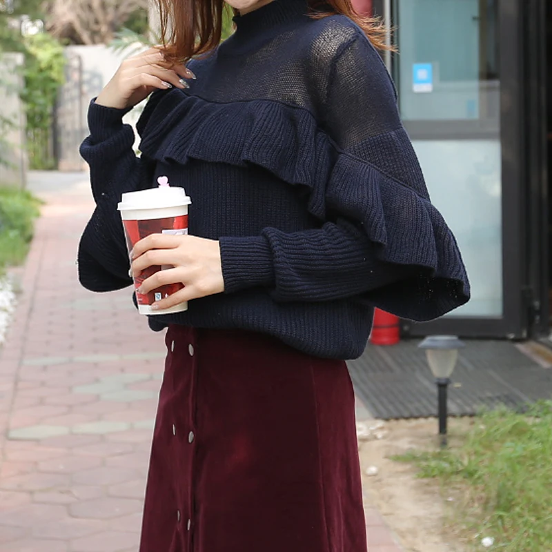 MUMUZI Mesh patchwork lazy wind pullover sweater female 2019 long sleeve new slim slimming ruffled bottoming shirts | Женская одежда