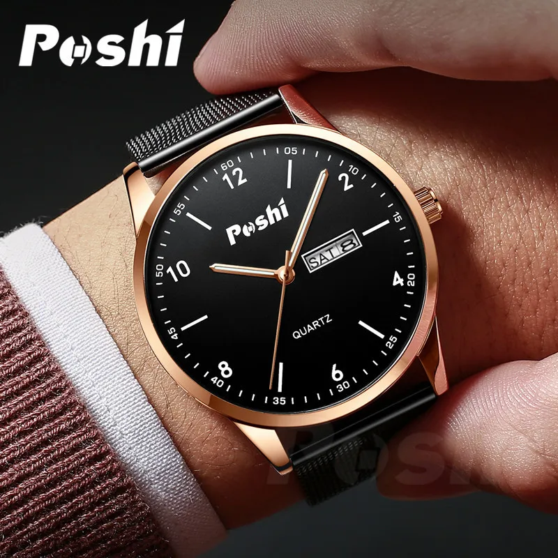 

NEW POSHI Mens Watches Top Brand Luxury All Steel Week Calendar Quartz Clock Male Waterproof Ultra-Thin Mesh Belt Watch Men 2020