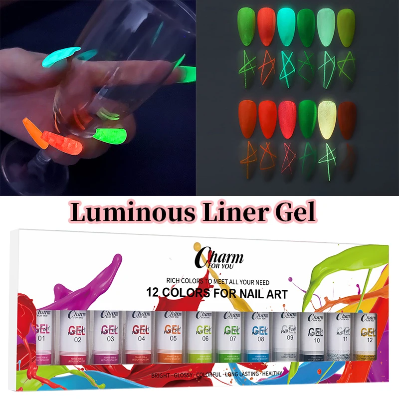 

12PCS/SET Glow In Dark Liner Art Gel 10ml Soak Off UV/LED Luminous Neon Color Gel Nail Polish Nail Art Tool Designs Liners Kits