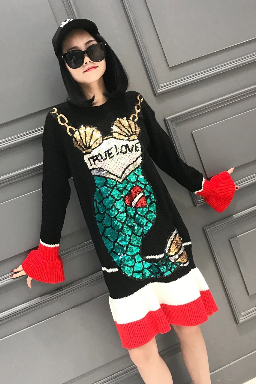 

Dress 2020 autumn and winter new original Thai tide brand mermaid sequins contrast color ruffled mid-length sweater women