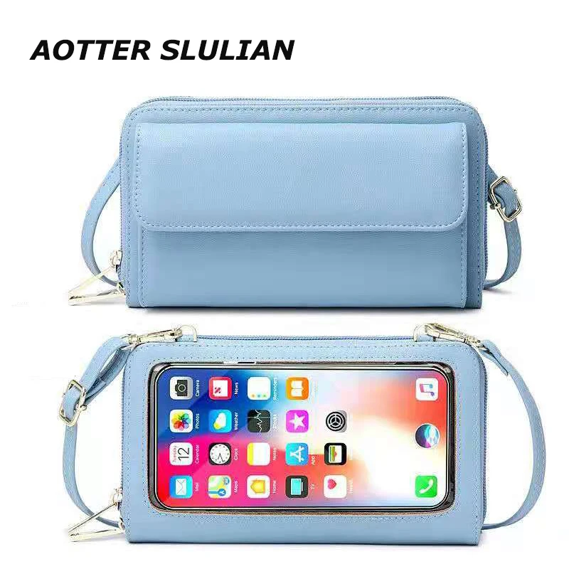 Women Touch Screen Thin Shoulder Strap Bag Cell Phone Small Pouch Rfid Smart Long Wallet Brand Designer Flip Blue Wristband Bags