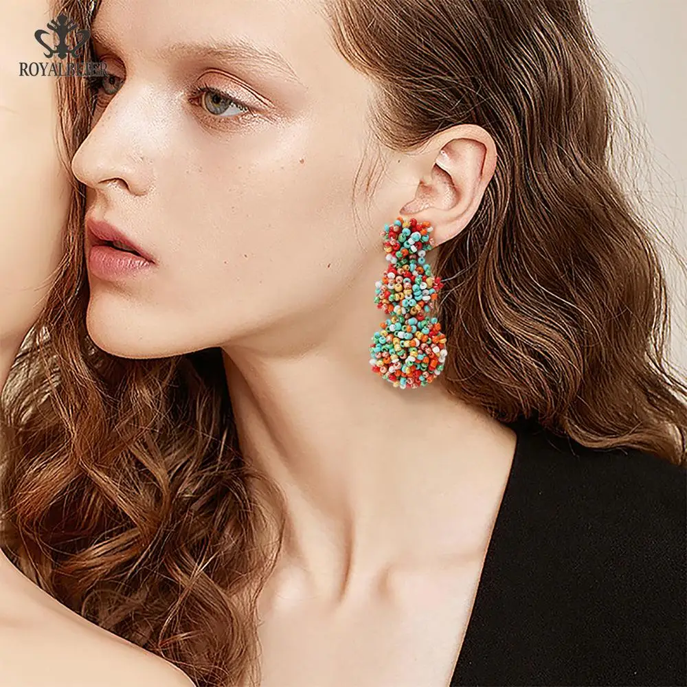 ROYALBEIER Bohemia Jewelry Multicolor Rainbow Ball Long Statement Hanging Earring Handmade Beaded Tassel Gifts Fashion Earings | Украшения