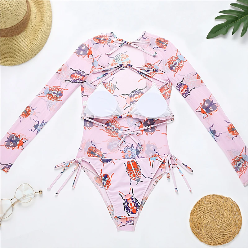 

In-X Print 3 piece swimsuit women Brazilian bikini 2020 Long sleeves bodysuit High neck swimwear female See through bathing suit