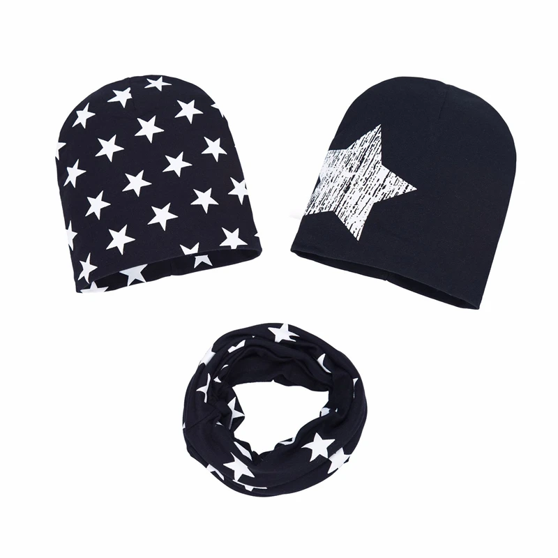 Three-piece Children Hats Scarf Baby Boys Printed Knitted Caps Spring Autumn Kids Toddler Star Cotton PAPA MAMA 6M-36Month | Детская