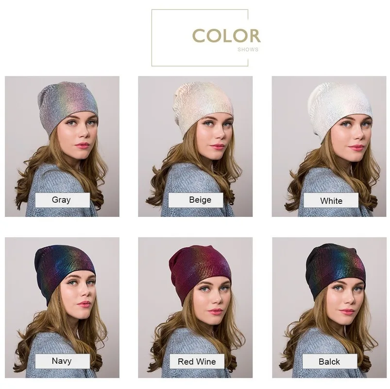 

New Bronzing Beanie for Women Casual Cashmere Metallic Color Slouchy Beanies for Ladies Printing Women Hat Winter Dropshipping