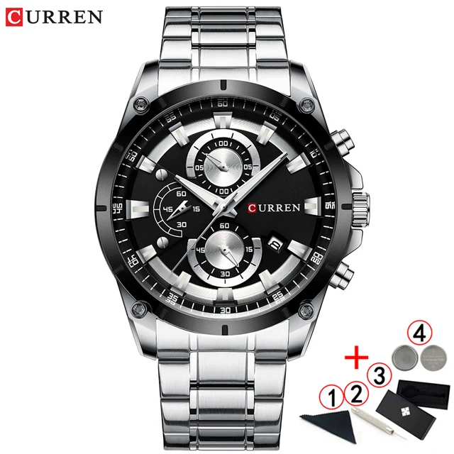 silver-black-add-box Мужские часы Curren от ведущего бренда, роскошные мужские наручные часы с хронографом, кварцевые спортивные часы синего золота для мужчин - Цвет: silver-black-add-box