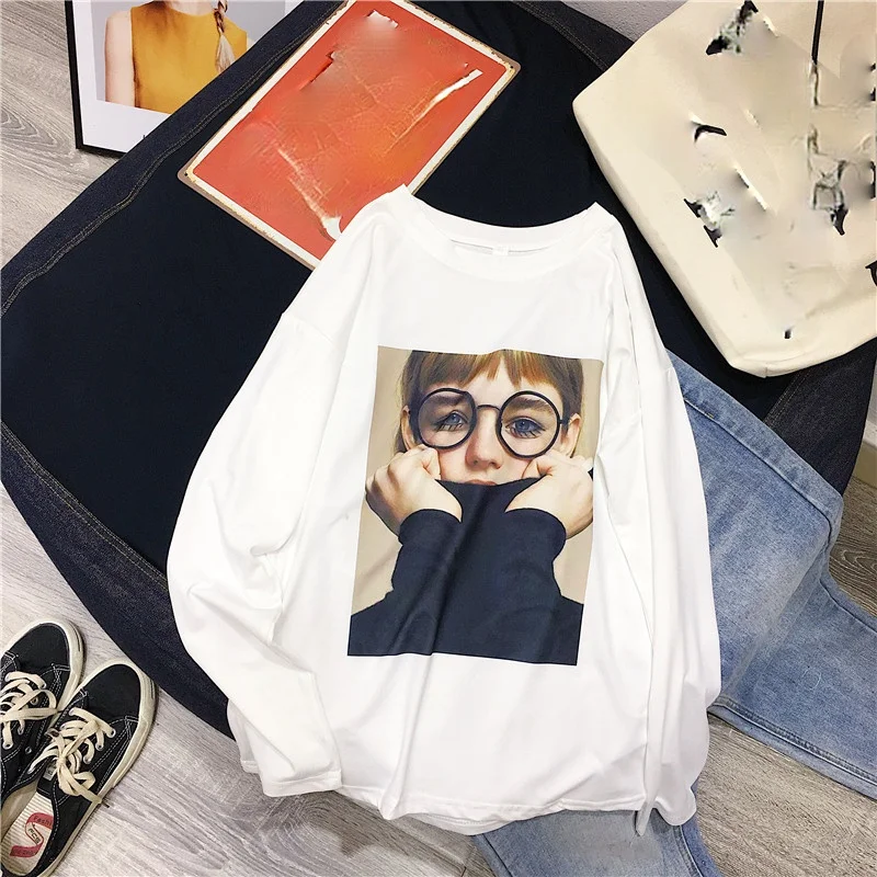 

Korean Simple All-match Kawaii Tees Leisure Loose T-shirt Women Long Sleeve O-Neck character printing basic white tops T-shirts