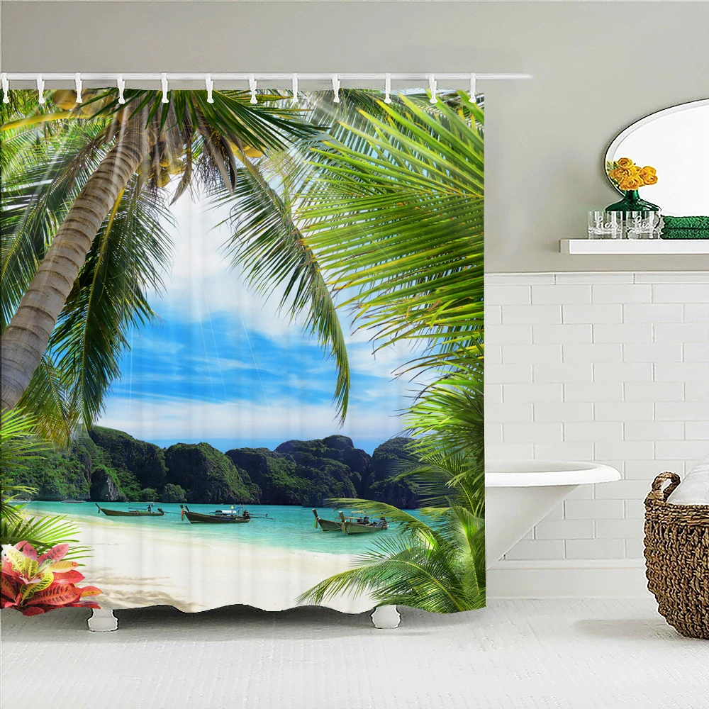 

Sunny Beach Palm Tree Seaside Scenery Fabric Shower Curtain Waterproof Polyester Bath Curtains for Bathroom Decorate with Hooks