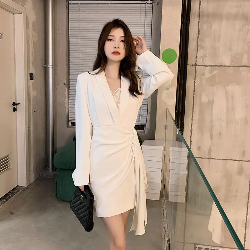 

Sexy Party Slim Solid Color V-neck Long Sleeve Suit Dress 2021 Autumn New Pleated Fashion Slim Club Dress