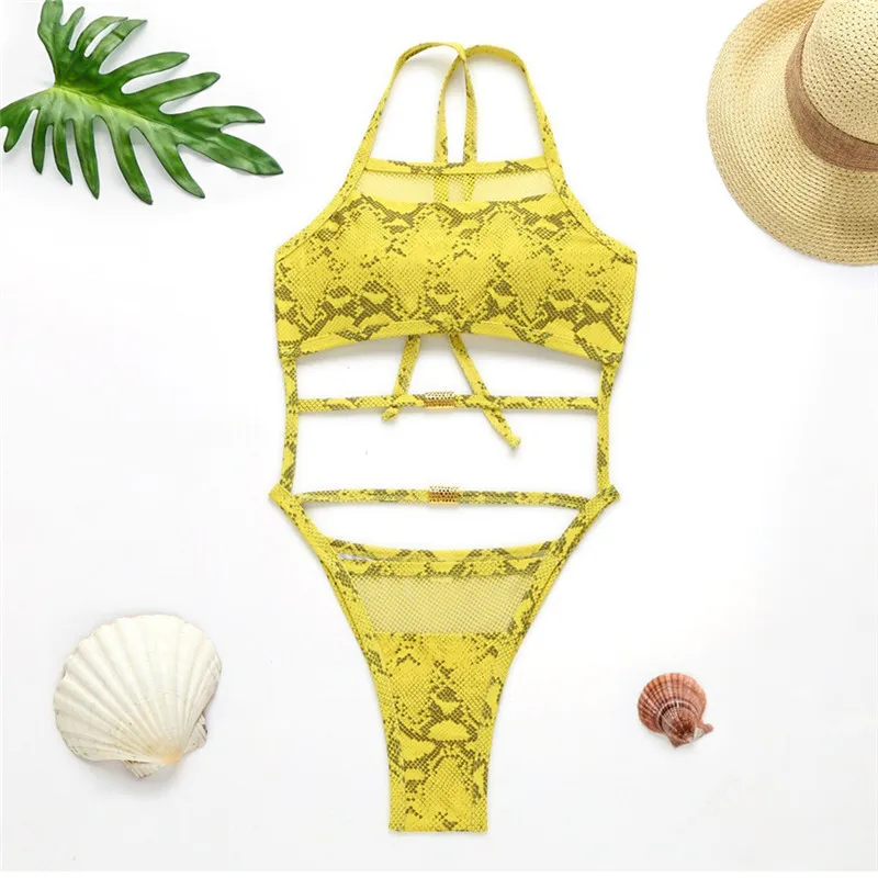 Peachtan Sexy snake print one-piece suit Yellow mesh one piece swimsuit women Bandage swimwear female High cut monokini Bodysuit | Спорт и