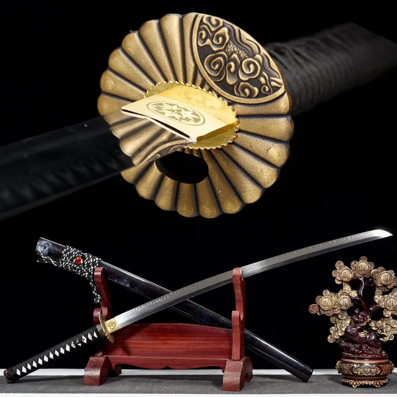 

Японские катаны T10, глина из закаленной стали с реальной бриллиантами, медная, Цуба, деревянная, Saya, готовая к сражению, острый