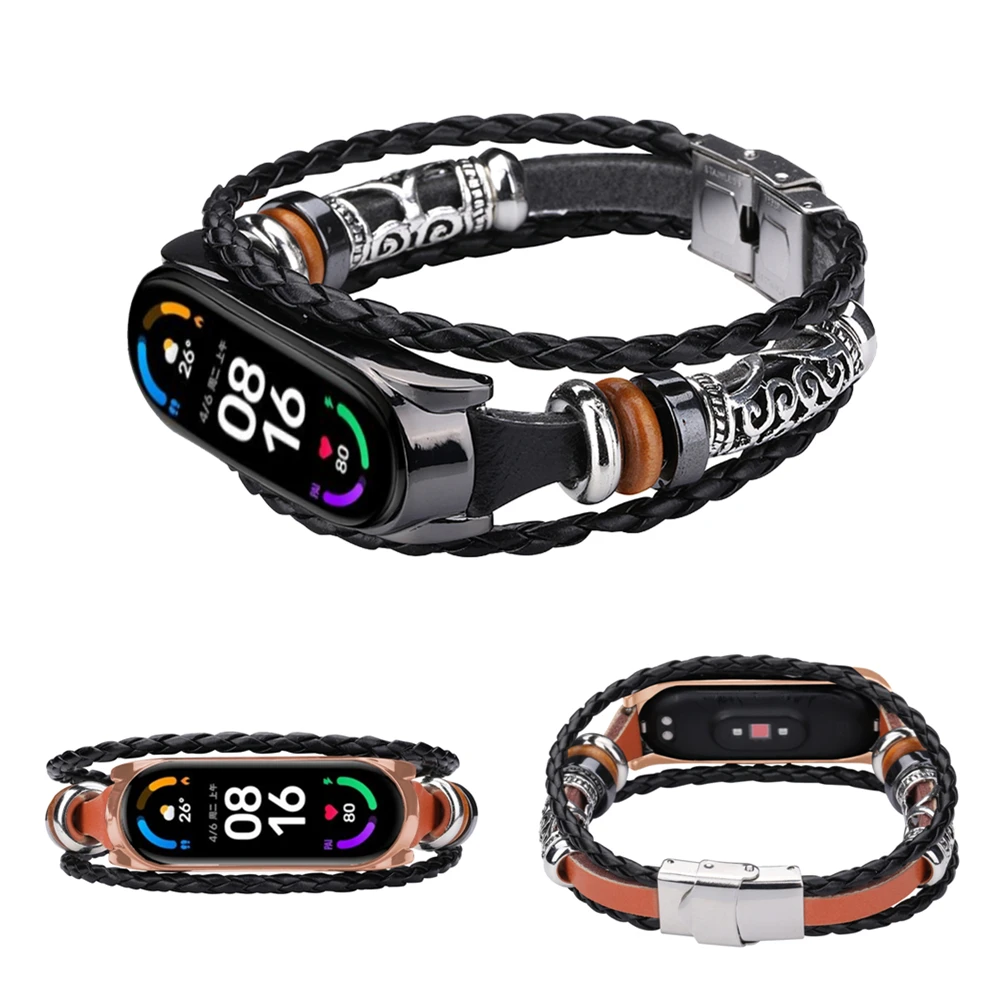 Ремешок сменный для Xiaomi Mi Band 6 5 4 3 Кожаный Плетеный ремешок аксессуары браслет