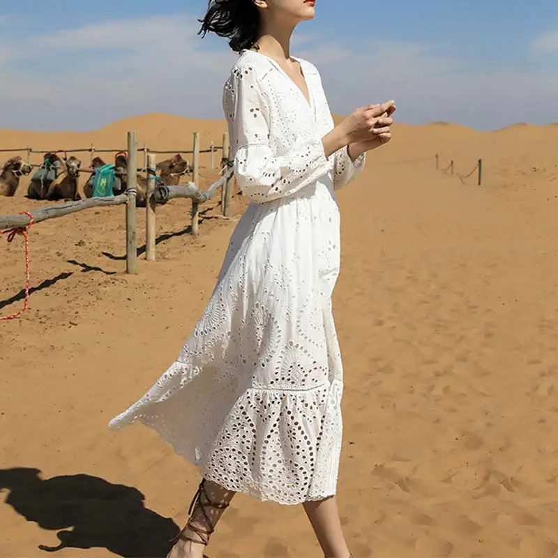 Женское платье с длинным рукавом в стиле бохо хлопковое вырезом лодочкой и