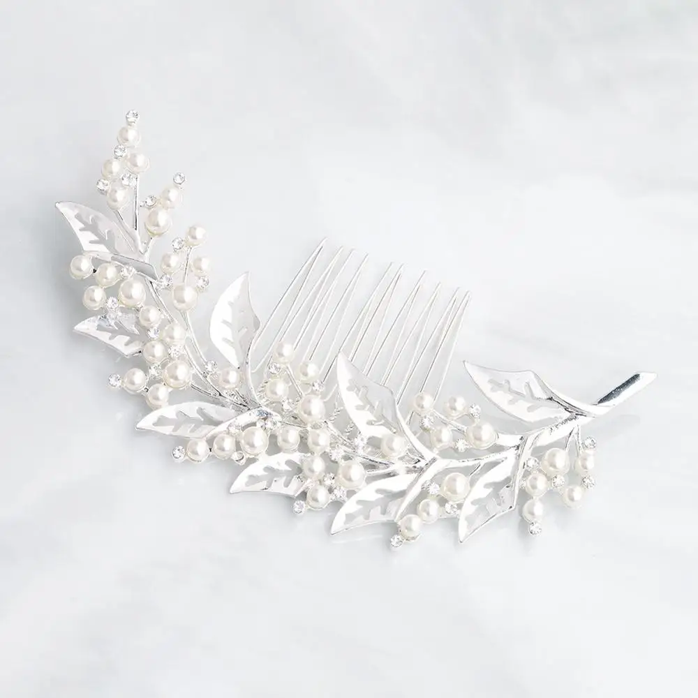 Новые сплавные гребни с жемчугом на листе для волос свадебные украшения серебряного/золотого/розового цвета для женщин бриджес с кристальным орнаментом.