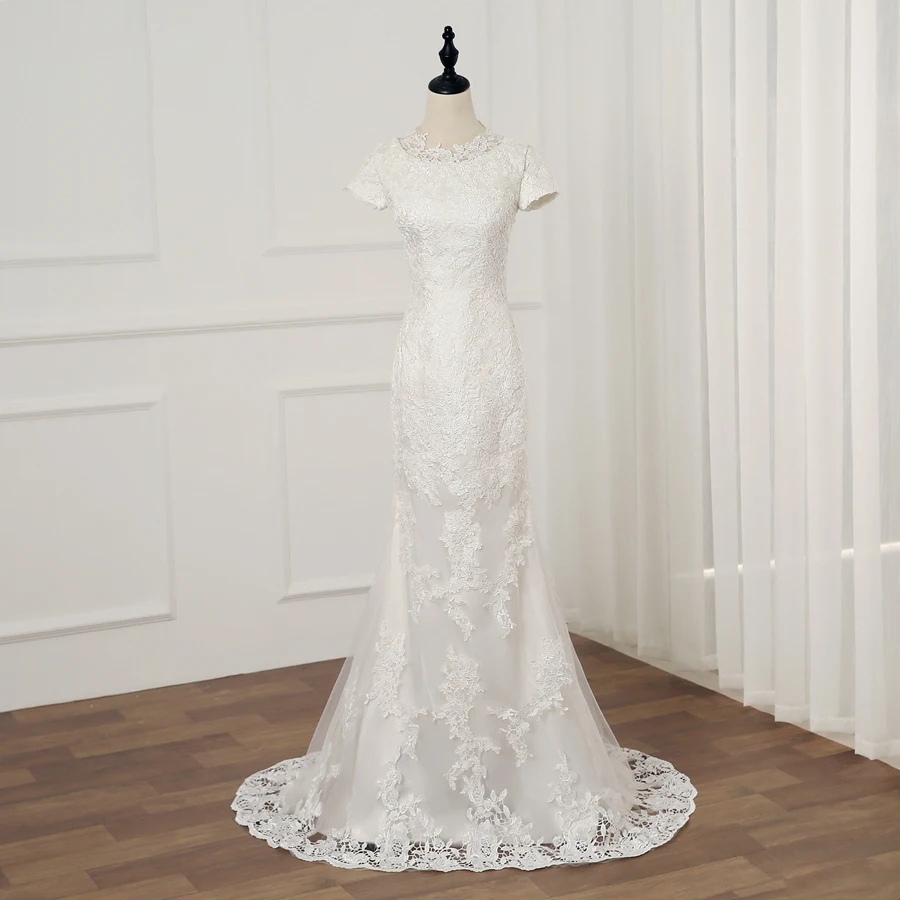 Женское свадебное платье Русалка Jiayigong длинное кружевное с коротким рукавом и