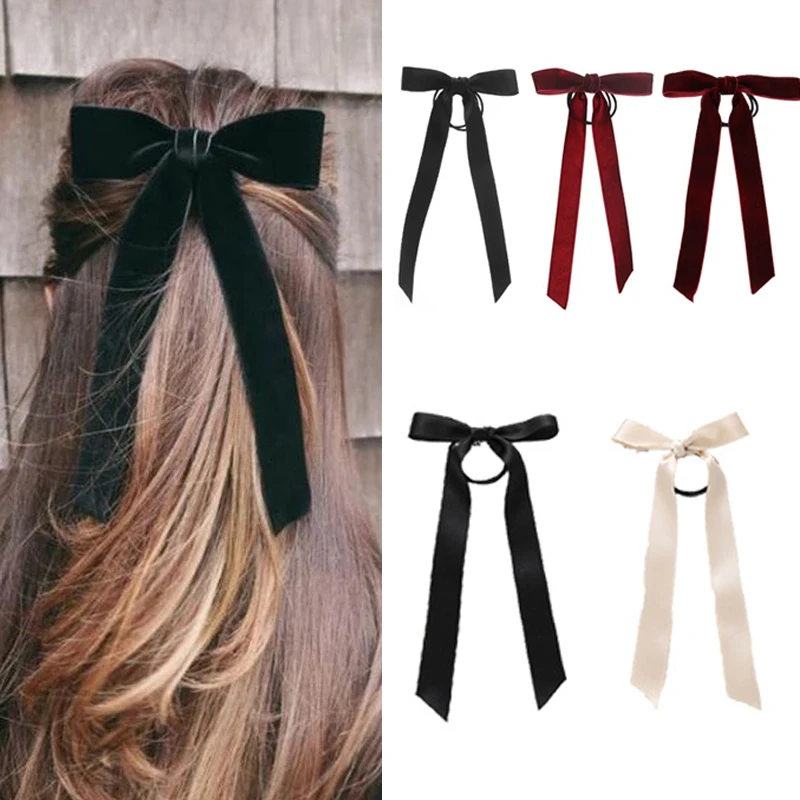 Red Black Velvet Bow Bow Satin Long Ribbon Women Hair Scrunchies Ponytail Holder Hairband Scrunchy Hair Ties Hair Accessories