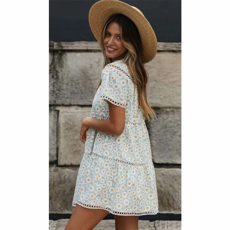 Повседневное свободное летнее платье с маргариткой 2020 коротким рукавом