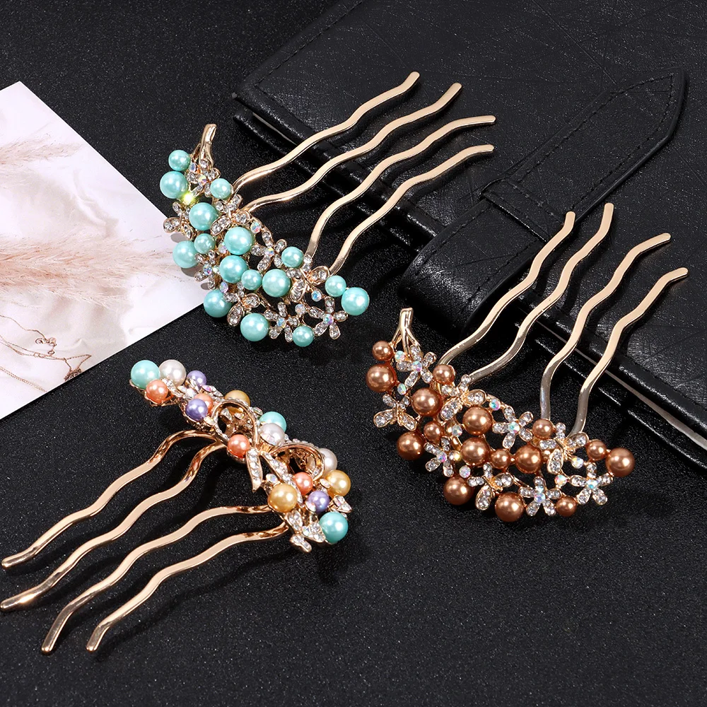 

1PC Colorful Flower Rhinestone Pearl Hair Insert Comb Retro Creative Bow-knot Hollow Clip Elegant Hair Accessories for Women