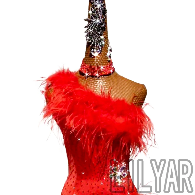 

New Latin dance skirt competition skirt performance Skirt Adult custom red feather slant shoulder sexy dance skirt