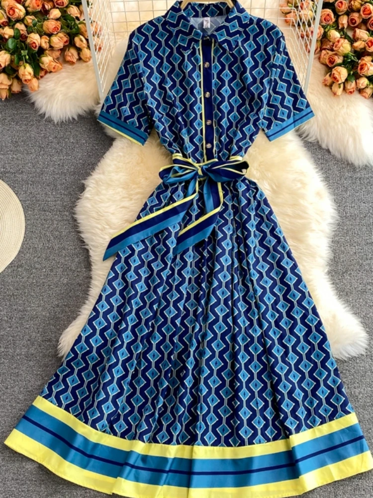 

FTLZZ New Summer Casual A Line Chiffon Puff Sleeve Mid-calf Women Dresses Polo Collar Single Breasted Lady Short Dress