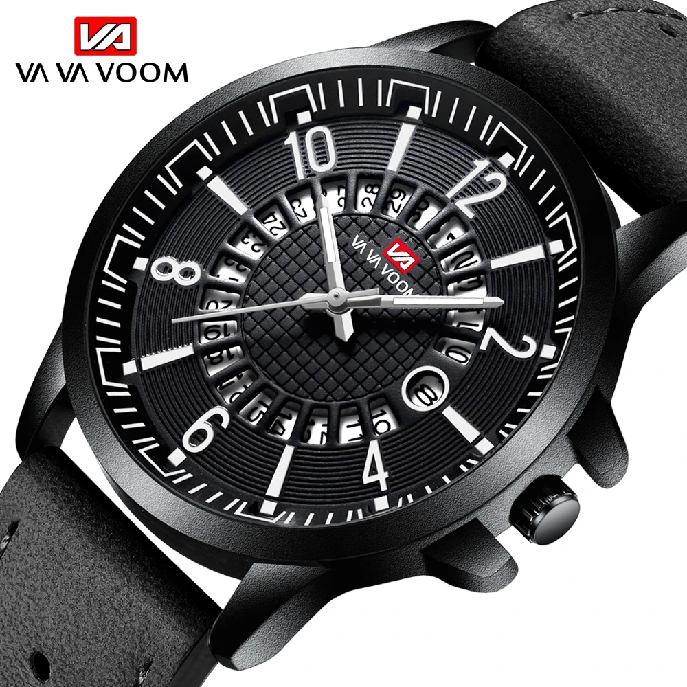 

VA VA VOOM Mens Creativity Calendar Matte Breathable Leather horloges mannen zegarek military brand Sport Wrist Watch For Men