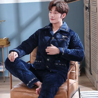 Pajamas Men Winter Three-layer Thick Coral Velvet Quilted Plus Velvet Flannel Home Service Youth Suit Pijama De Hombre Invierno