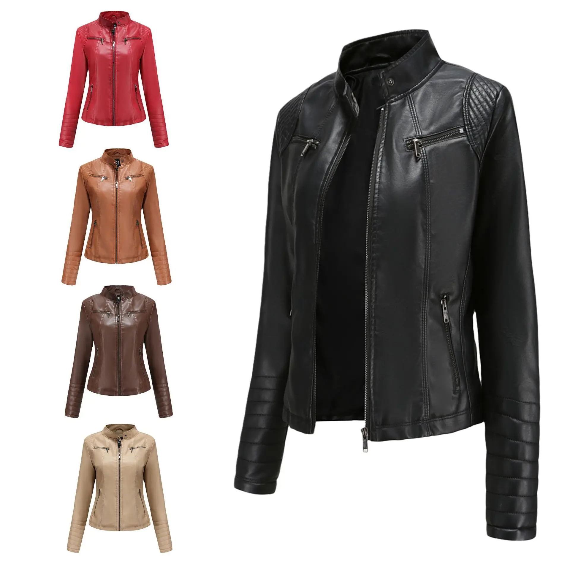 

New women's leather jackets, women's European and American spring and autumn thin locomotive suits, European code leather jacket