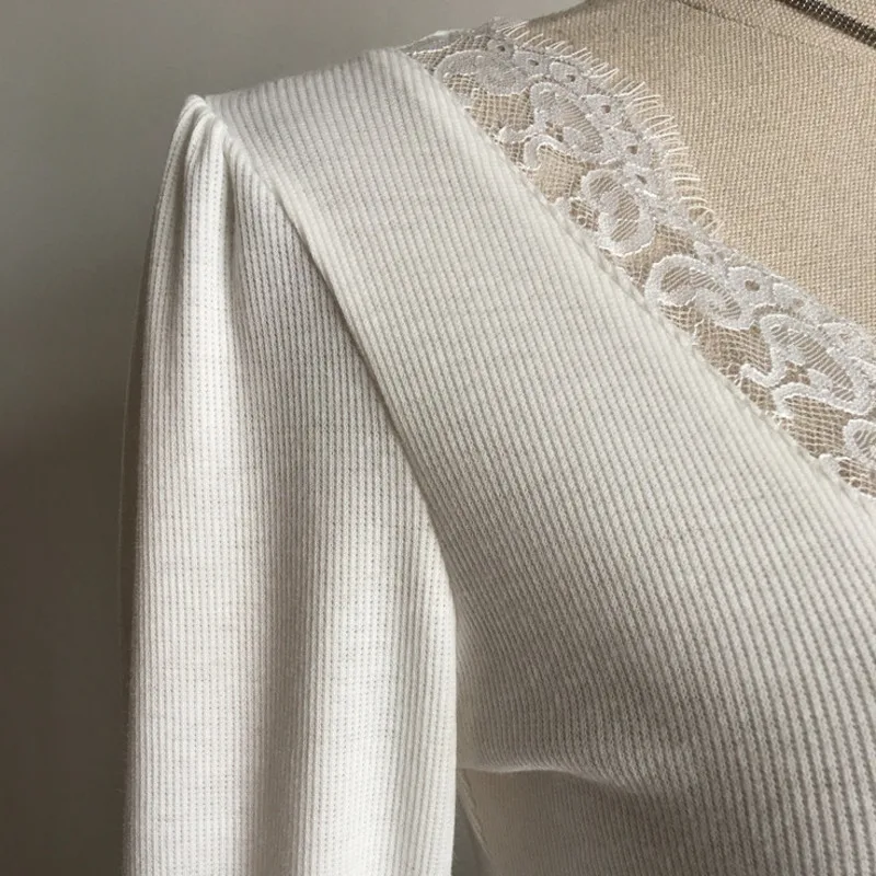 

Sweet Lolita Dress Women Chic V-Neck Knitted Patchwork Lace Ruffles Long Sleeve Princess Mini Dresses Sexy Slim Party Vestidos