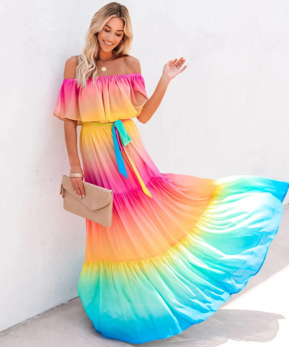 

Women Gradient Color Belt Ruffles Maxi Chiffon Dress Slash Neck Tie Dye Off Shoulder Vintage Casual Elegant Fashion Dresses