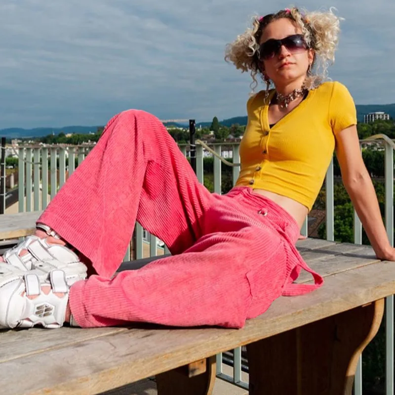 

Women's wide leg pants Pink corduroy loose high waist straight pants autumn / winter 2020