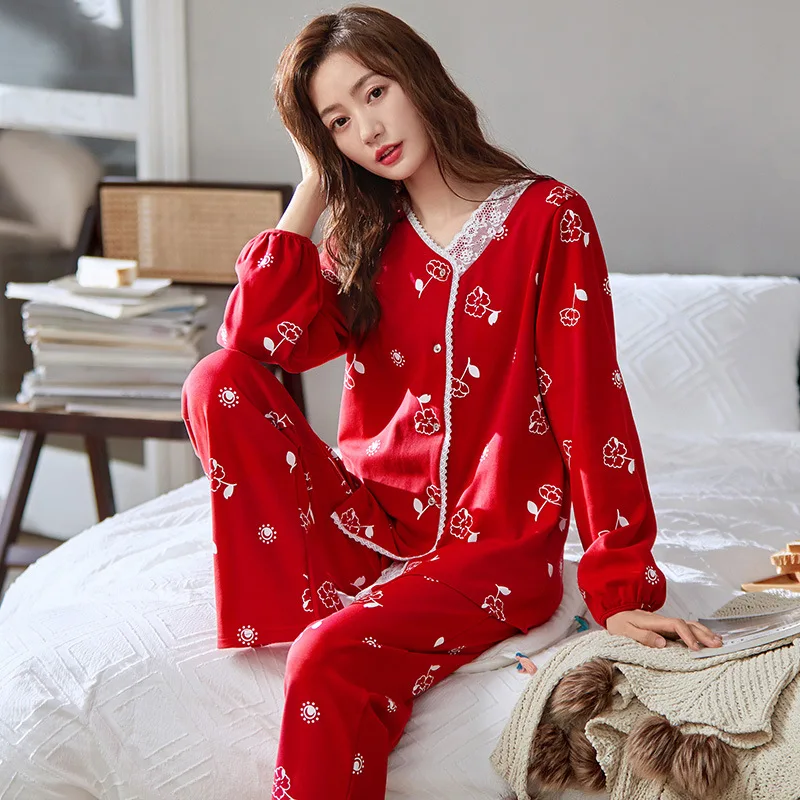 

Cotton Print Sleepwear Women Cardigan Pajamas Set Long Sleeve Shirt&Pant Sleep Suit Loose Casual Homewear Spring Autumn Pyjamas