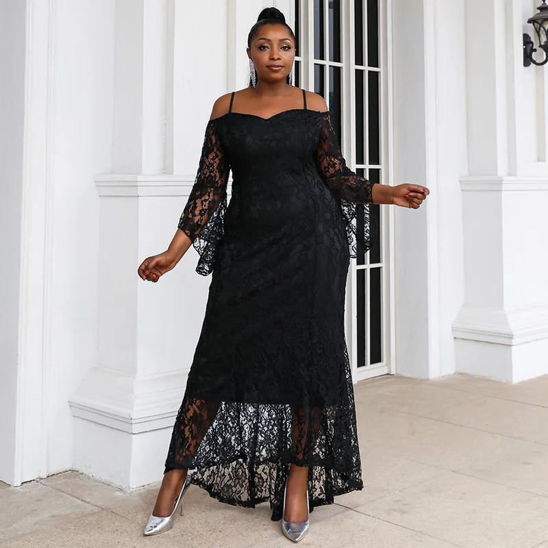 

Plus Size 2021 Summer Lace Party Dress Women's Sling Long Skirt Host Off-the-Shoulder Long-Sleeved Evening Dress