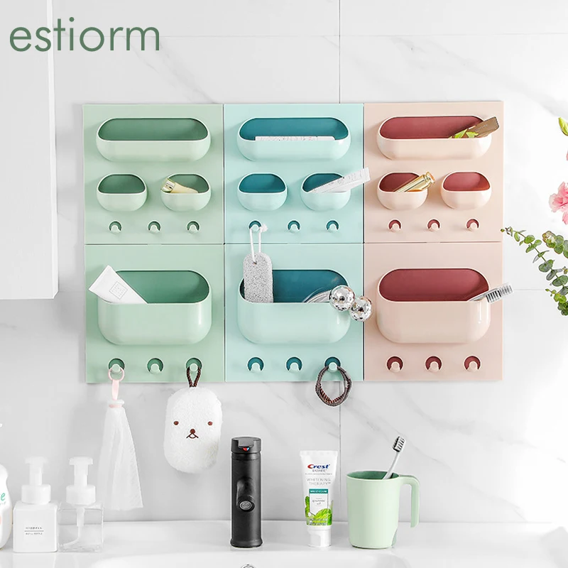 

Kitchen Bathroom Organizer Storage Rack Wall Mounted Free DIY Multi-pockets Bathroom Wall Shelf Storage Box with Towel Holder