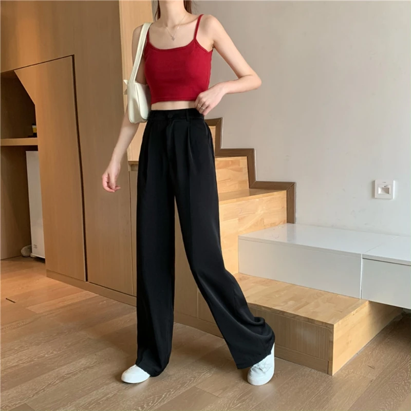 

Women Summer High Waist Wide Leg Long Pants Button Zipper Solid Color Casual Loose Flowy Office Lady Trousers Harajuku Streetwea