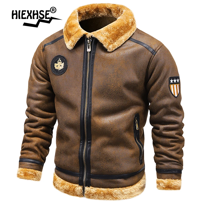 Мужская теплая флисовая кожаная куртка Hiexse куртка-бомбер в стиле милитари
