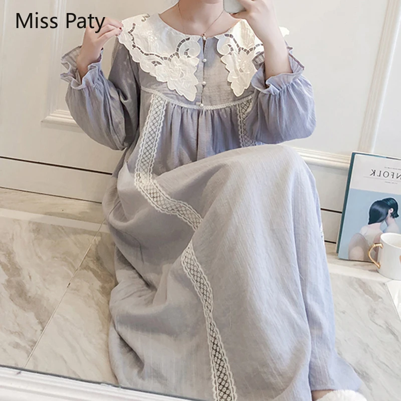 Новинка Женская весенне летняя хлопковая кружевная ночная сорочка с воротником