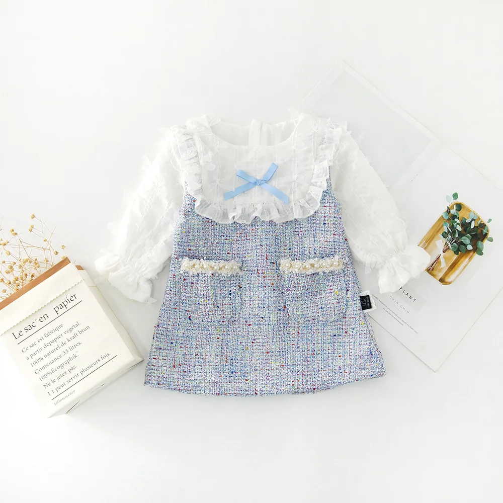 Осенние детские младенцы оборками милый вязаный с бантом трикотажная одежда в