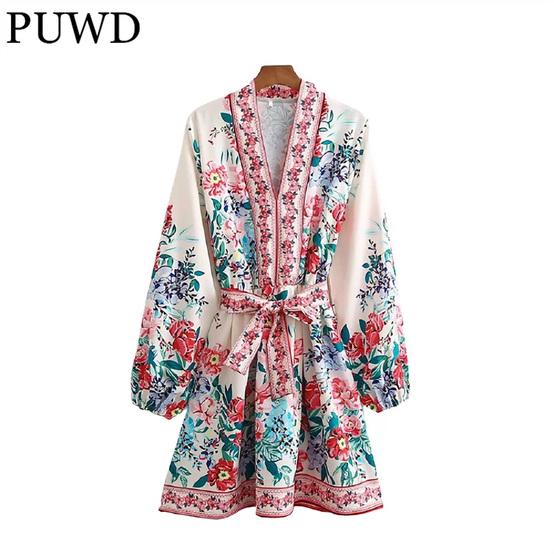 

Повседневное женское платье-миди PUWD с длинным рукавом, Дамское Платье с поясом и принтом, осень 2021, Модные свободные женские шикарные платья...