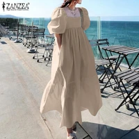 stylish square neck ruffle dress womens casual sundress 2021 zanzea short puff sleeve vestidos female solid maxi robe oversized