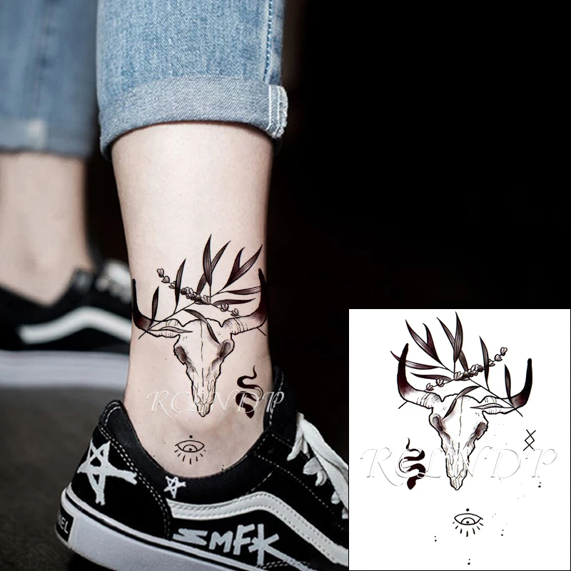 Водостойкая Временная тату наклейка Телячья голова Череп рога змея глаз цветок