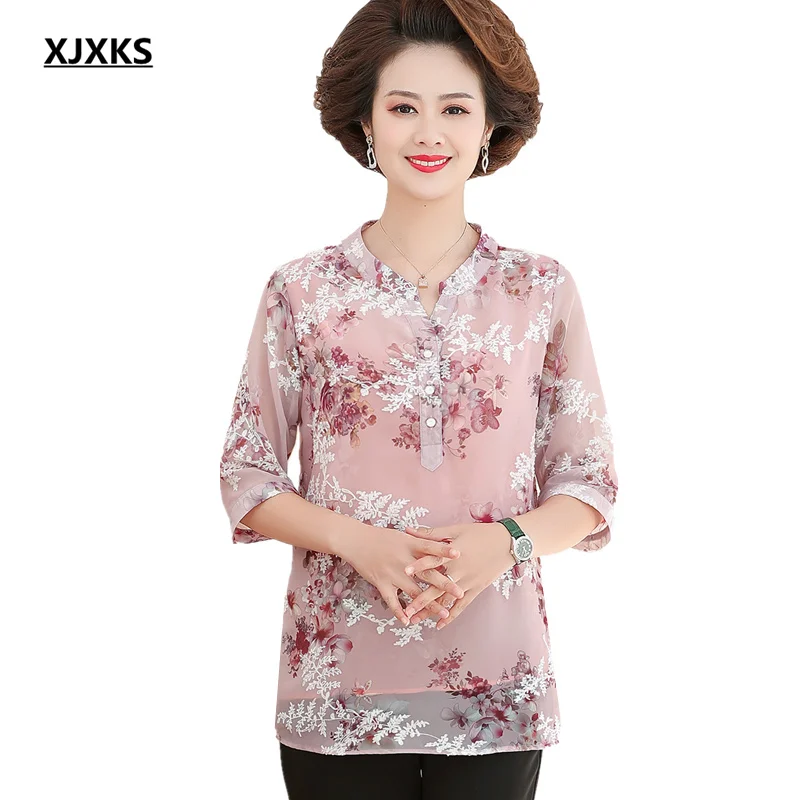 

XJXKS 2021 Spring summer new fashion mid-sleeve women chiffon shirt loose plus size comfortable printing blouse women pullover
