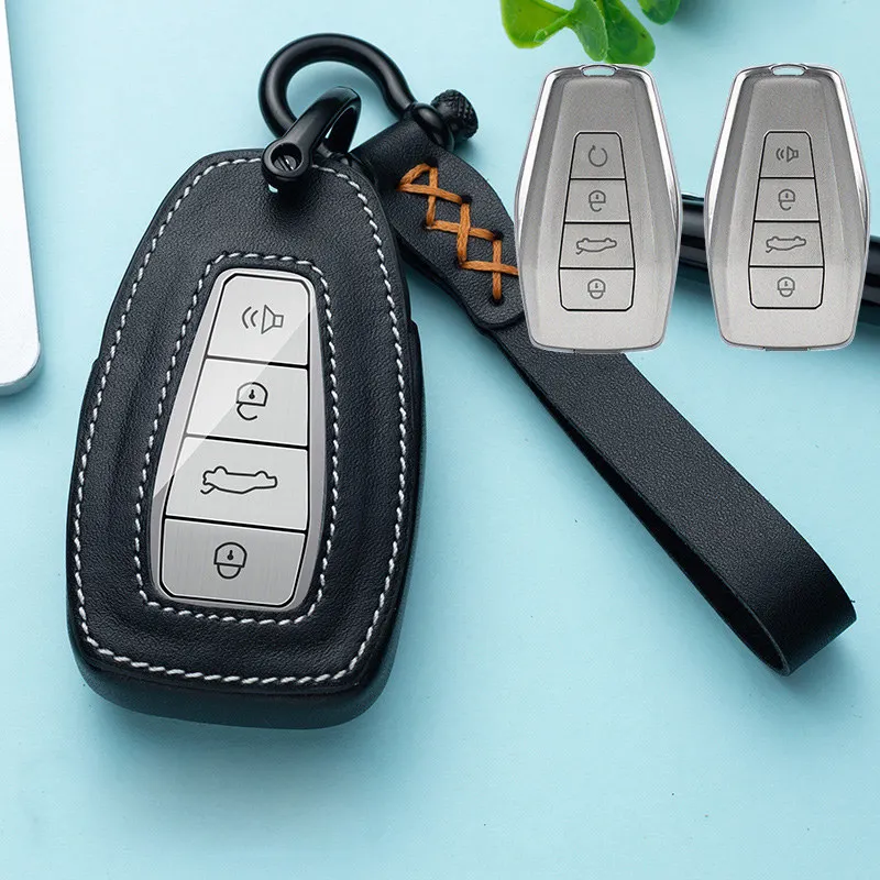 

Leather Car Key Case Cover Remote Holder Shell for Geely Coolray 2019-2020 4 Buttons Auto Styling Fob Accessories Ring