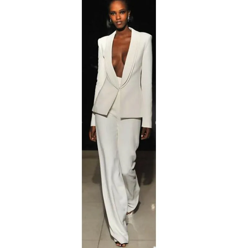Женский деловой костюм смокинг пиджак + брюки цвета слоновой кости Офисная форма
