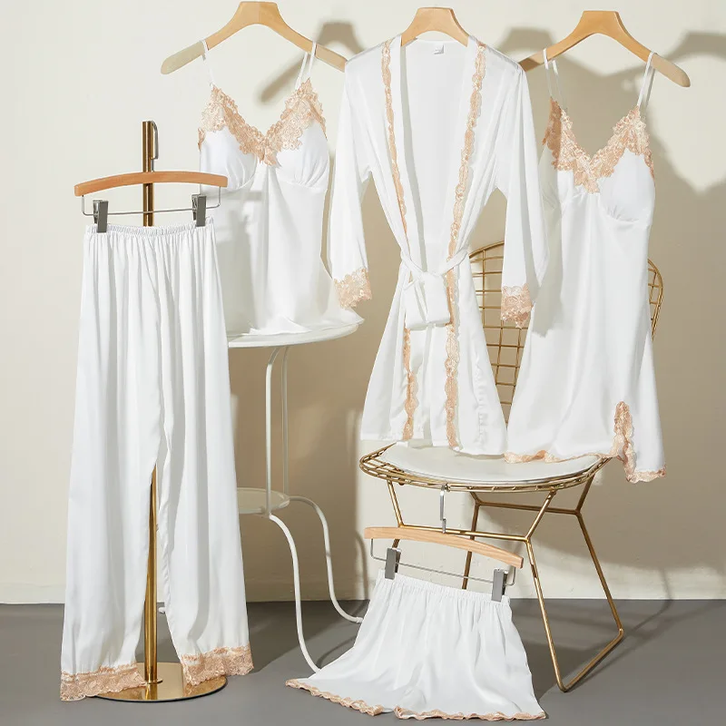 

Lace Satin Sleepwear Women Sexy Pajamas Suit With Trousers Summer V-Neck Nightwear Lounge Wear 5PCS Kimono Robe Gown With Pads
