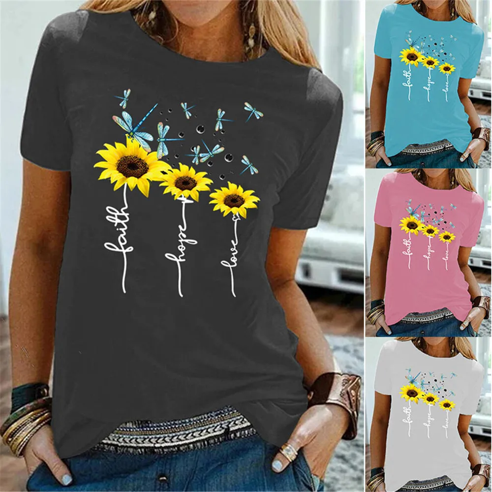 

Sunflower Faith Hope Love Women T-shirt Jesus Christian Graphic T Shirts Harajuku Casual Female Vintage Tops Tee Camisetas Mujer