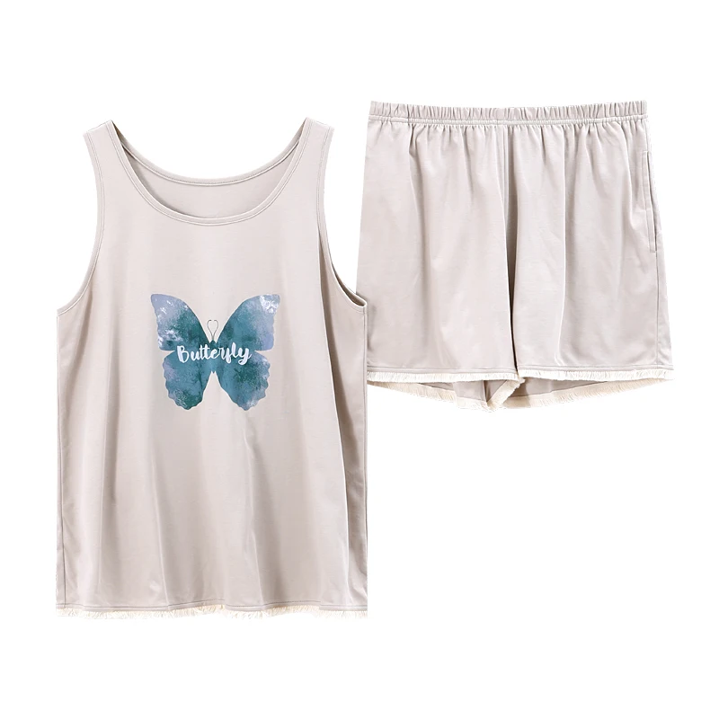 

Sexy Pajamas Women Pajamas Set Summer Cotton Sleeveless Camisole Sleepewear Beautiful Gradient Butterfly Cute Women Nightwear