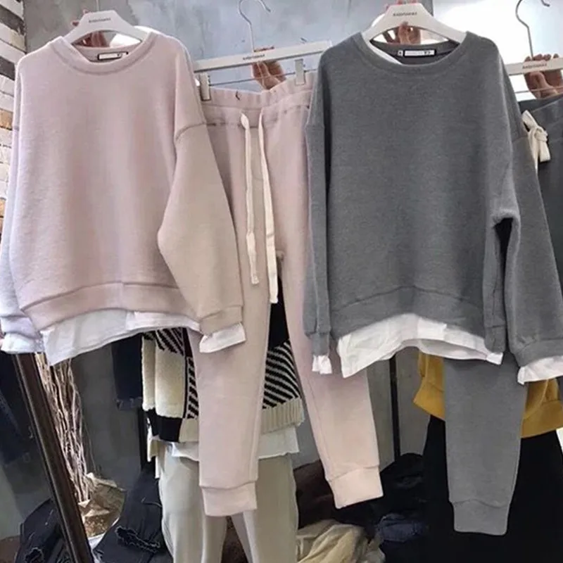 Женский спортивный костюм уличная одежда осень зима базовый пуловер Свитшот и брюки шаровары комплект из 2