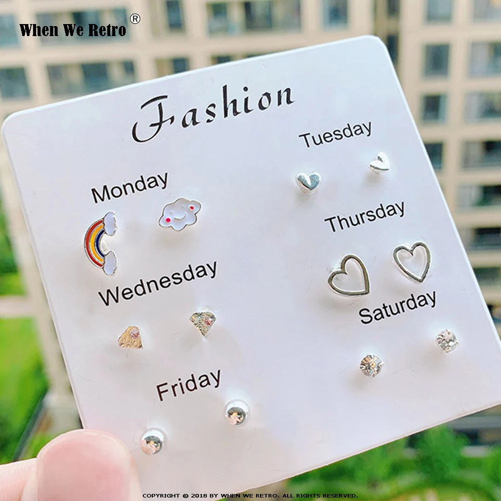 When We Retro 2019 Vintage Mixed Styles Flower Heart Geometric Stud Earrings Set For Women Girls Jewelry QY0619 | Украшения и